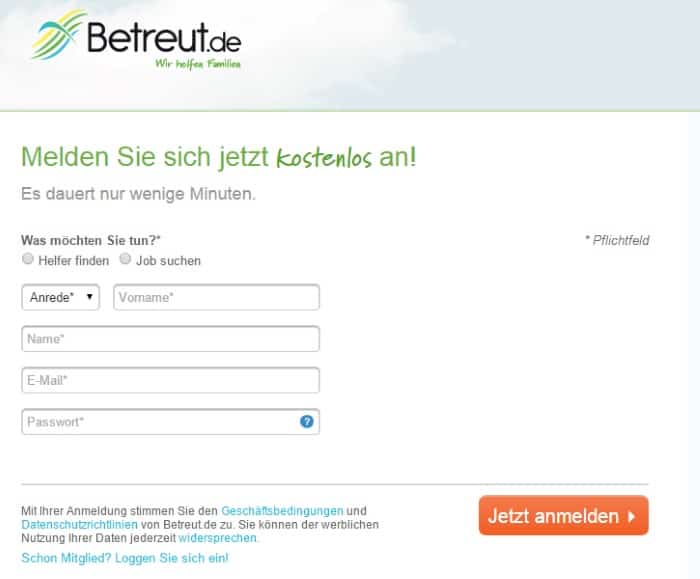 Betreut.de Registrierung