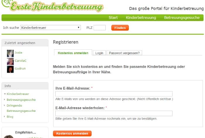 ErsteKinderbetreuung Registrierung